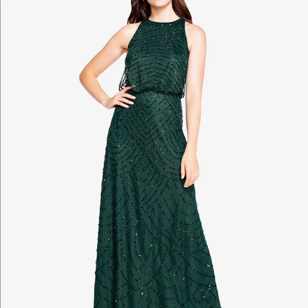 BRAND NEW Adrianna Papel Gown Halter Art Deco Beaded Size 4 in Emerald Green